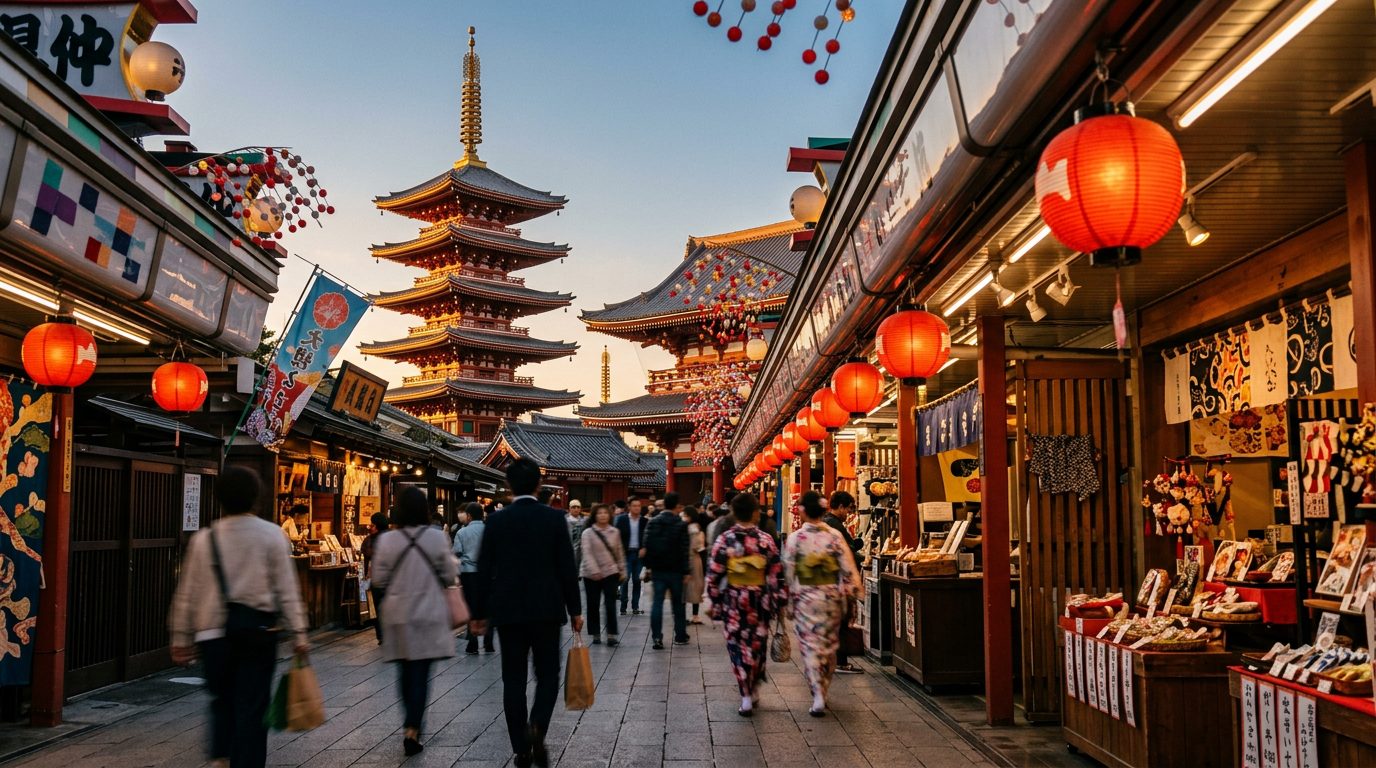 Asakusa street near Sensō-ji at golden hour with the five-story pagoda — the Samurai Ninja Museum Tokyo is two minutes from the temple