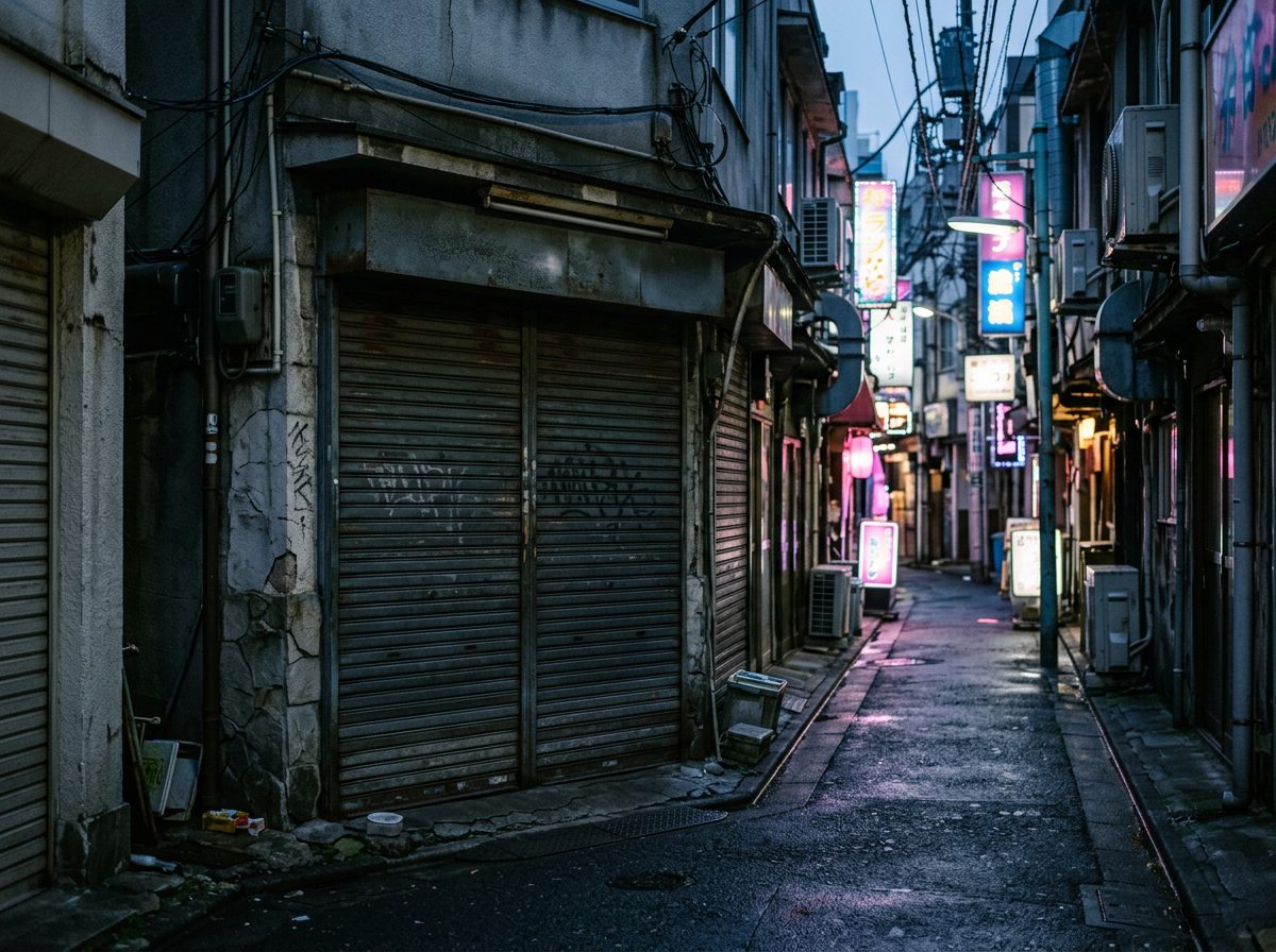 Closed storefront with pulled-down shutter on a Kabukicho side street at dusk — the Shinjuku Samurai Museum has been closed since January 2022