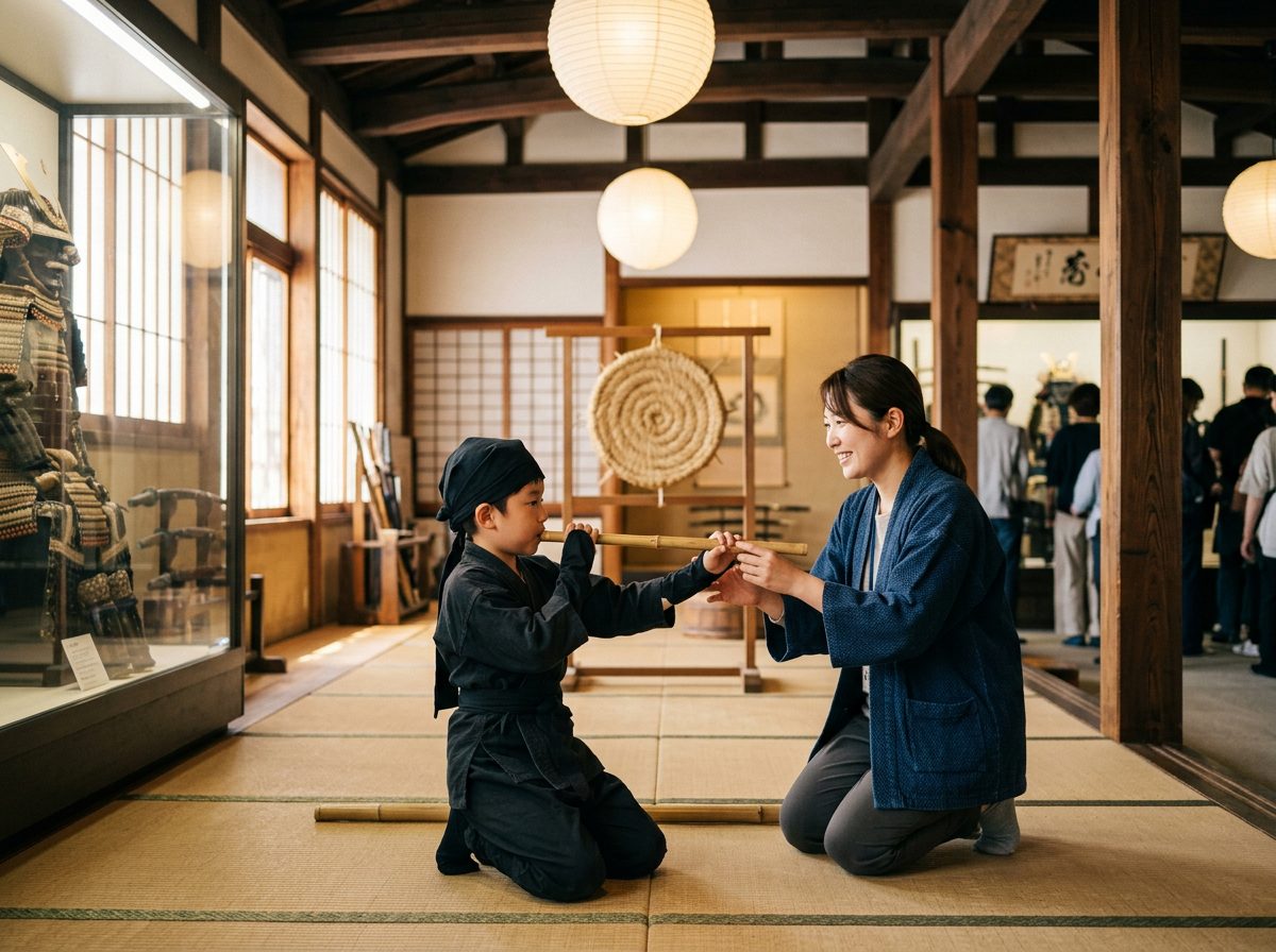 Child in ninja costume practicing with a bamboo blowgun while a guide supervises at the Samurai Ninja Museum Tokyo