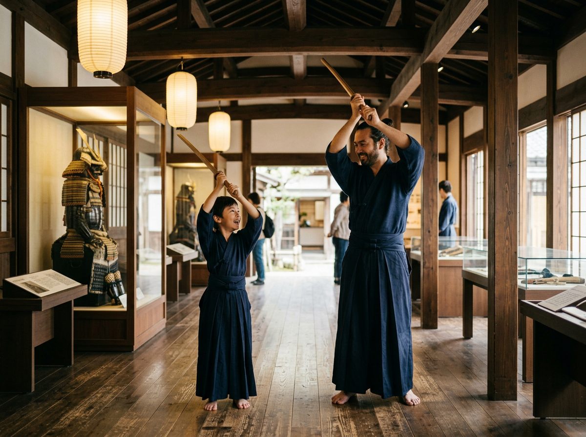Family samurai sword lesson Tokyo — parents and children in hakama training with katana together