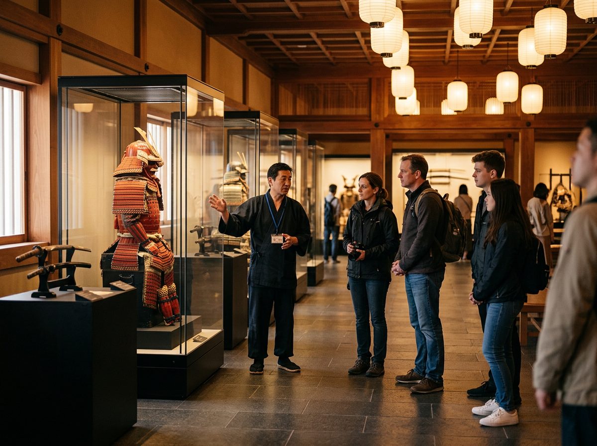 Samurai Ninja Museum Tokyo guided tour — guide showing a group the samurai armor displays in the Asakusa exhibit hall