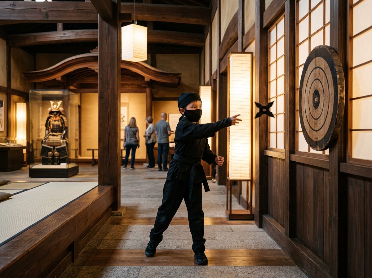 Kid-friendly ninja training at Samurai Ninja Museum Tokyo — child in full ninja outfit throwing a shuriken
